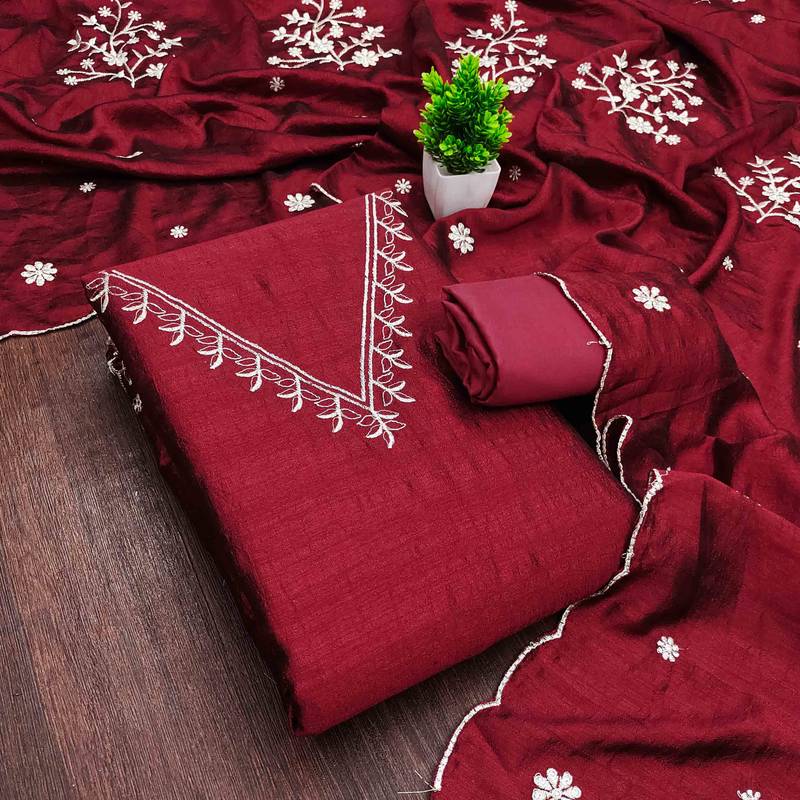 Red silk embroidered unstitched dressmaterials 3 pair top bottom dupptaa