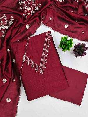 Red silk embroidered unstitched dressmaterials 3 pair top bottom dupptaa 2