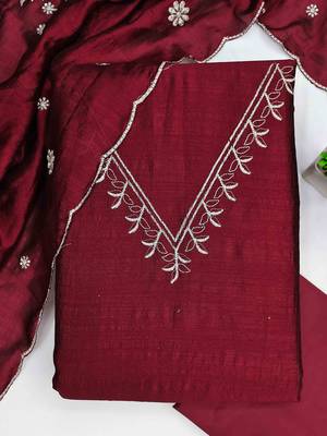 Red silk embroidered unstitched dressmaterials 3 pair top bottom dupptaa 3