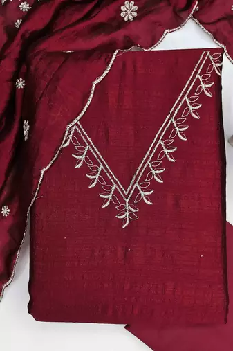 red silk blend embroidered unstitched dressmaterials 3 pair top bottom dupptaa