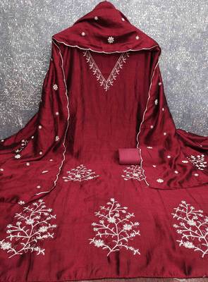 Red silk embroidered unstitched dressmaterials 3 pair top bottom dupptaa 4