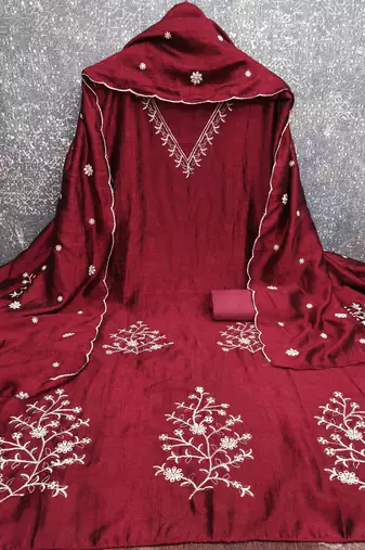 red silk blend embroidered unstitched dressmaterials 3 pair top bottom dupptaa
