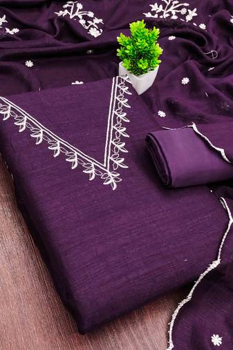 wine silk blend embroidered unstitched dressmaterials 3 pair top bottom dupptaa