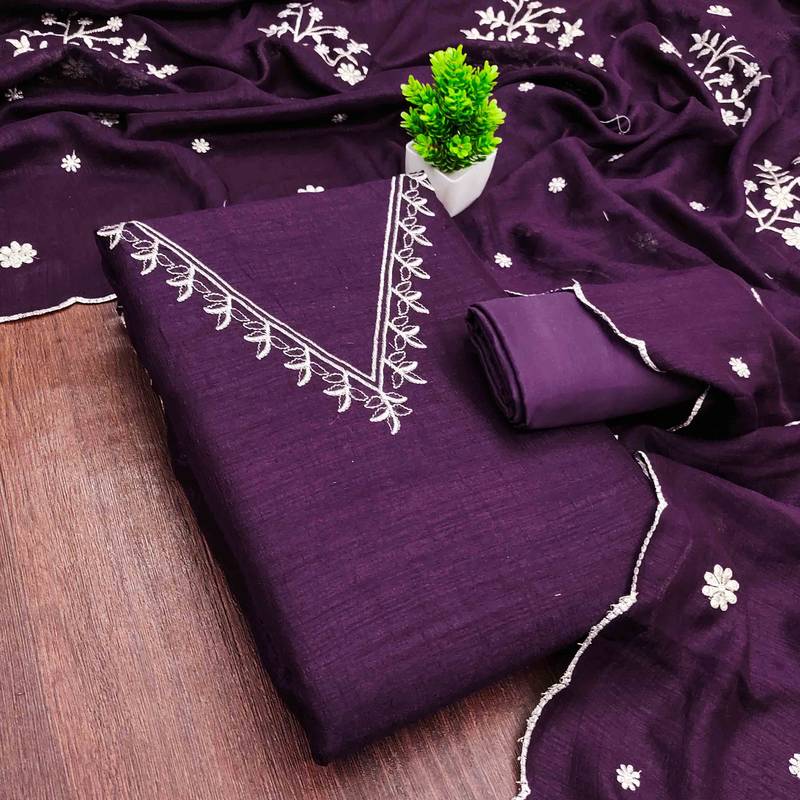 Wine silk embroidered unstitched dressmaterials 3 pair top bottom dupptaa