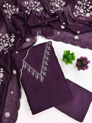 Wine silk embroidered unstitched dressmaterials 3 pair top bottom dupptaa 2