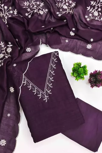 wine silk blend embroidered unstitched dressmaterials 3 pair top bottom dupptaa