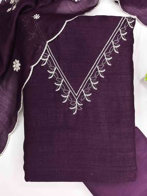 Wine silk embroidered unstitched dressmaterials 3 pair top bottom dupptaa 3