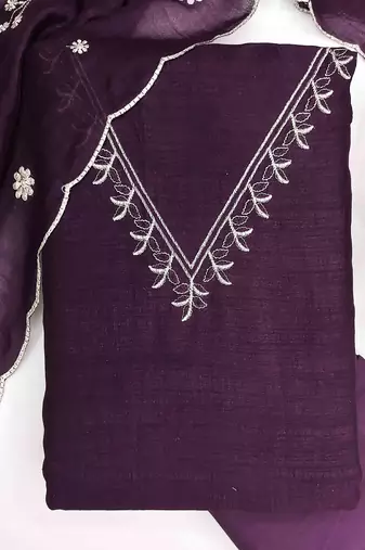 wine silk blend embroidered unstitched dressmaterials 3 pair top bottom dupptaa