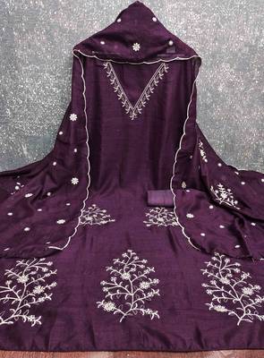 Wine silk embroidered unstitched dressmaterials 3 pair top bottom dupptaa 4