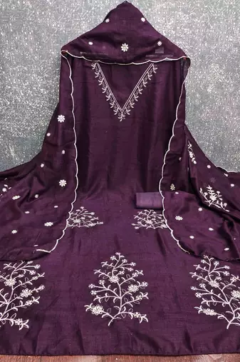 wine silk blend embroidered unstitched dressmaterials 3 pair top bottom dupptaa