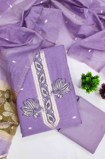 lavender cotton blend embroidered unstitched dressmaterials 3 pair top bottom dupptaa