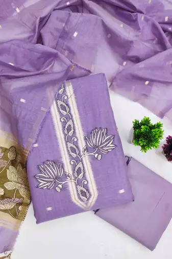 lavender cotton blend embroidered unstitched dressmaterials 3 pair top bottom dupptaa