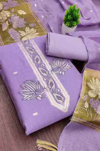 lavender cotton blend embroidered unstitched dressmaterials 3 pair top bottom dupptaa