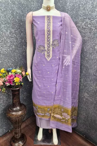 lavender cotton blend embroidered unstitched dressmaterials 3 pair top bottom dupptaa