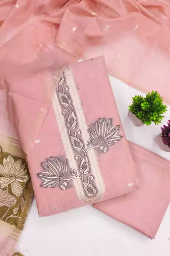 pink cotton blend embroidered unstitched dressmaterials 3 pair top bottom dupptaa
