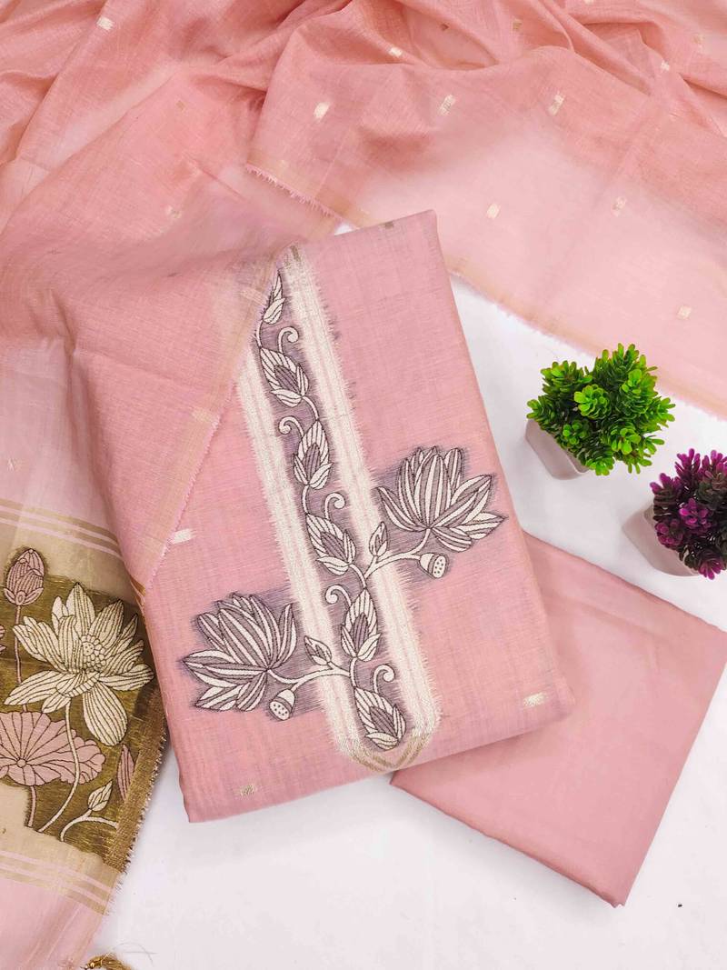 Pink cotton  embroidered unstitched dressmaterials 3 pair top bottom dupptaa