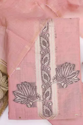 pink cotton blend embroidered unstitched dressmaterials 3 pair top bottom dupptaa