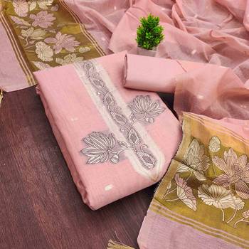 Pink cotton  embroidered unstitched dressmaterials 3 pair top bottom dupptaa 3