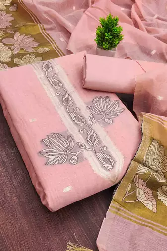pink cotton blend embroidered unstitched dressmaterials 3 pair top bottom dupptaa