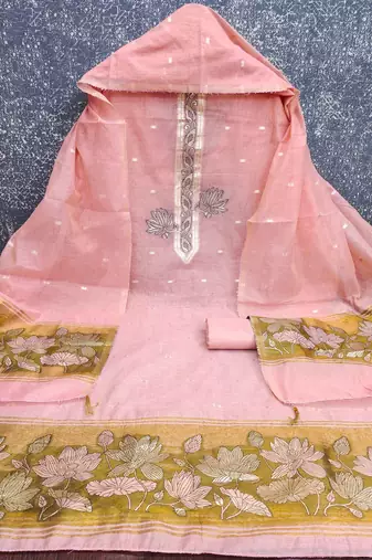 pink cotton blend embroidered unstitched dressmaterials 3 pair top bottom dupptaa
