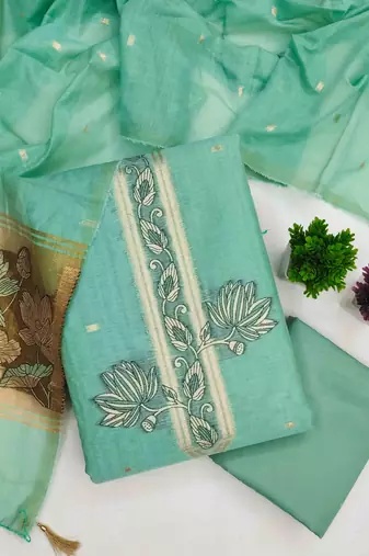 sky cotton blend embroidered unstitched dressmaterials 3 pair top bottom dupptaa