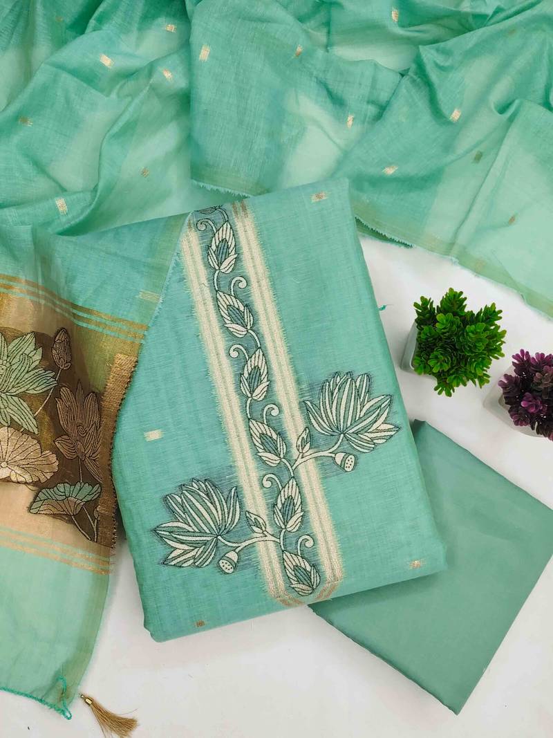 Sky cotton embroidered unstitched dressmaterials 3 pair top bottom dupptaa