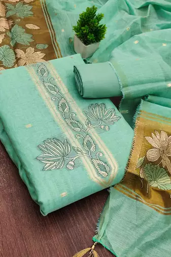 sky cotton blend embroidered unstitched dressmaterials 3 pair top bottom dupptaa
