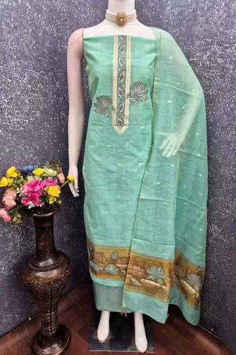 sky cotton blend embroidered unstitched dressmaterials 3 pair top bottom dupptaa