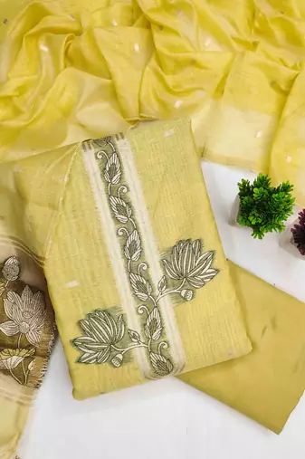 yellow cotton blend embroidered unstitched dressmaterials 3 pair top bottom dupptaa