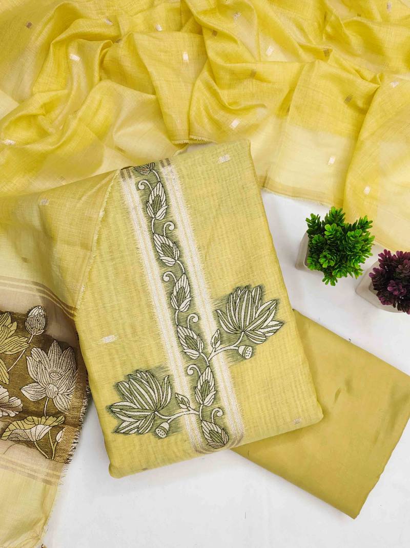 Yellow cotton embroidered unstitched dressmaterials 3 pair top bottom dupptaa