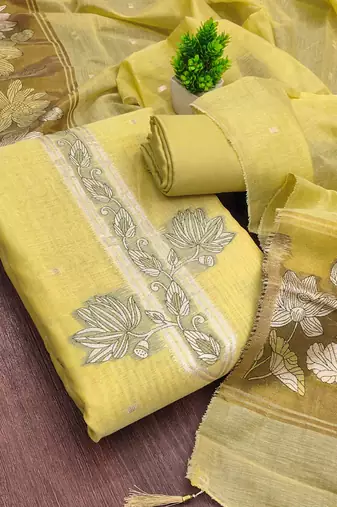 yellow cotton blend embroidered unstitched dressmaterials 3 pair top bottom dupptaa