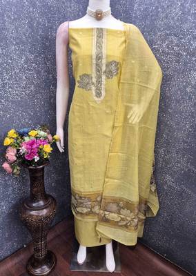 Yellow cotton embroidered unstitched dressmaterials 3 pair top bottom dupptaa 4