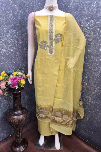 yellow cotton blend embroidered unstitched dressmaterials 3 pair top bottom dupptaa