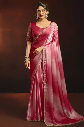 Shaded pink satin beads work border party wear saree