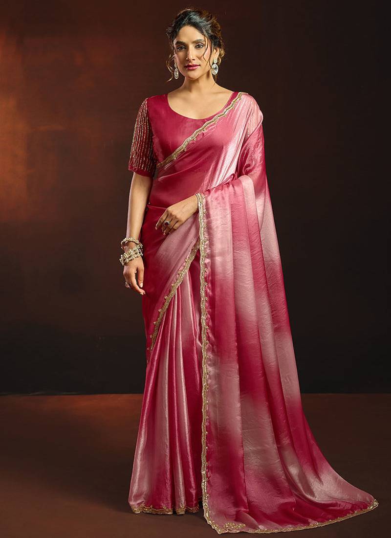 Shaded pink satin beads work border party wear saree