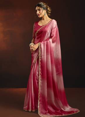 Shaded pink satin beads work border party wear saree 2