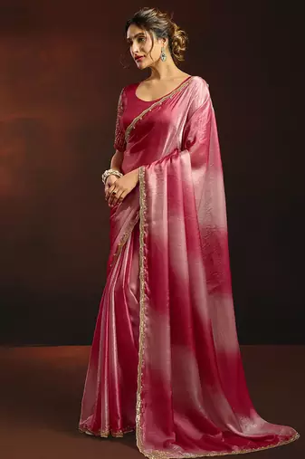 Shaded pink satin beads work border party wear saree