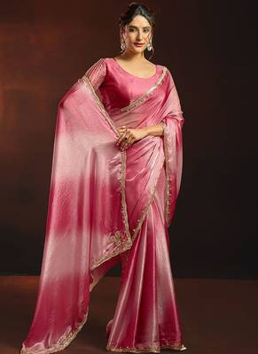 Shaded pink satin beads work border party wear saree 3