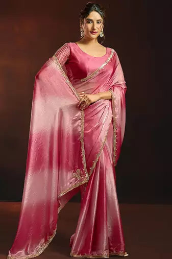 Shaded pink satin beads work border party wear saree