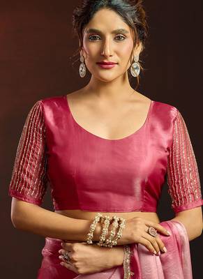Shaded pink satin beads work border party wear saree 4