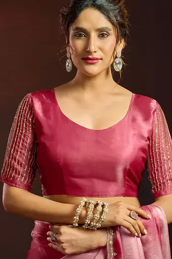 Shaded pink satin beads work border party wear saree
