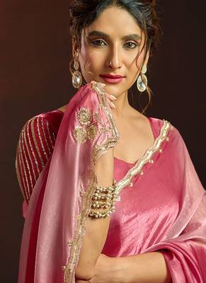 Shaded pink satin beads work border party wear saree 5