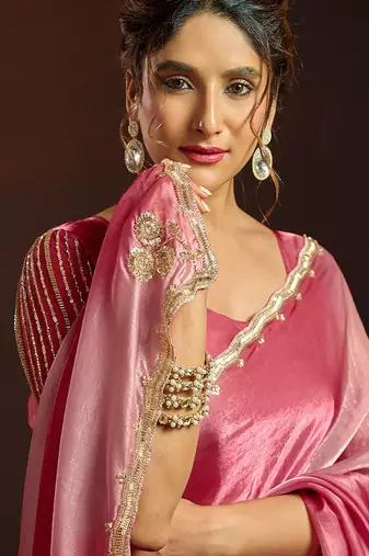 Shaded pink satin beads work border party wear saree