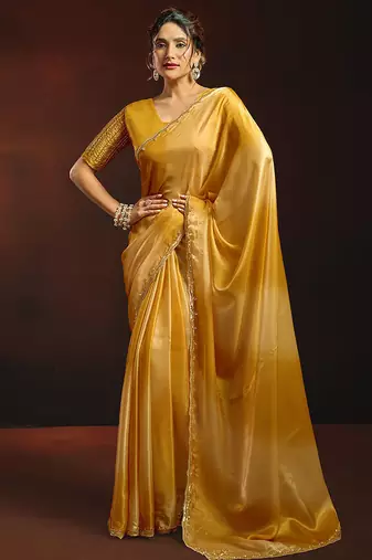 Shaded mustard satin beads work border party wear saree
