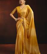 Shaded mustard satin beads work border party wear saree