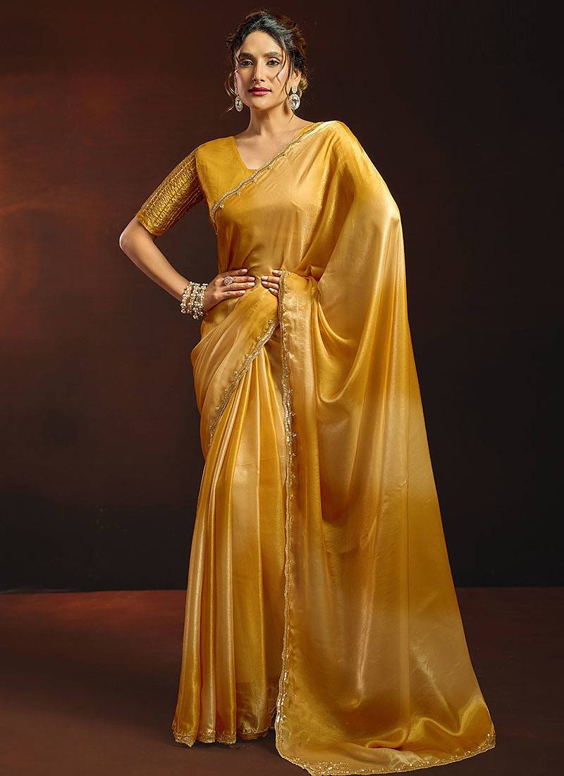 Shaded mustard satin beads work border party wear saree