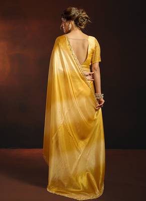 Shaded mustard satin beads work border party wear saree 2