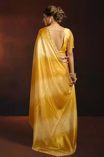 Shaded mustard satin beads work border party wear saree