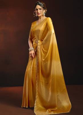 Shaded mustard satin beads work border party wear saree 3
