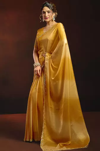 Shaded mustard satin beads work border party wear saree